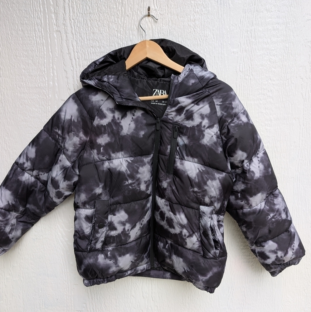 Zara Black & Gray Tie-Dye Puffer Jacket - Kids
